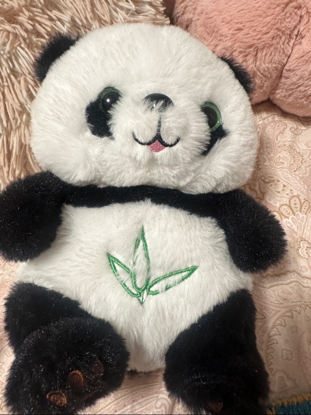 Battery Operated Plush Panda Stuffed Animal with Green Embroidered Bamboo